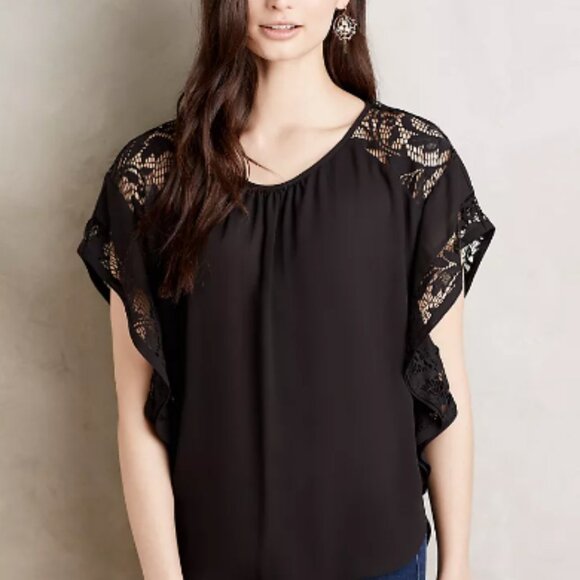 Anthropologie Meadow Rue top black lace sheer rounded hemline - Picture 7 of 8